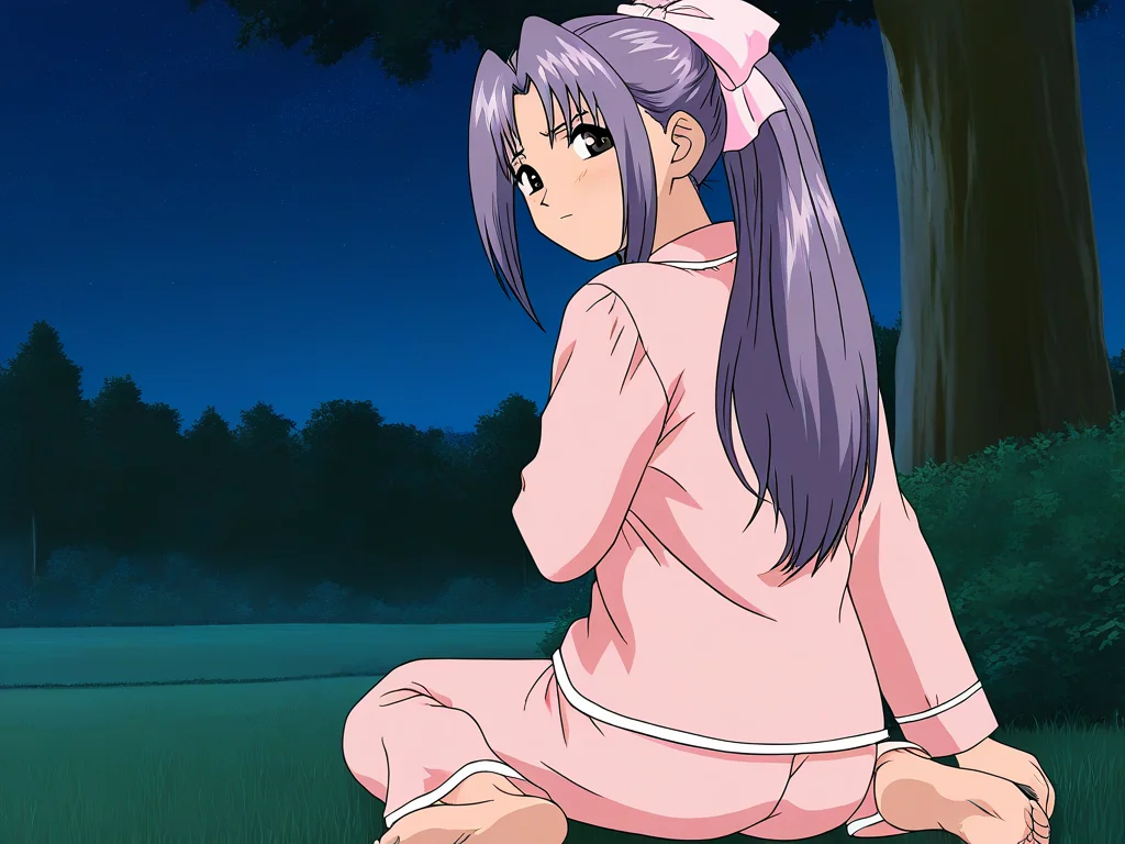 general,highres, game cg, ultra-detailed,very aesthetic,best quality ,best hands,  BREAK <lora:koigakubo_Momoko_IS:1>koigakubo_Momoko, solo, purple hair, long hair, hair bow, brown eyes, ponytail, pink bow, 
barefoot, pajamas, soles, feet, sitting, solo, night, looking back, outdoors, toes, tree, looking at viewer, grass, yokozuwari, pants, from behind, closed mouth
anime coloring,