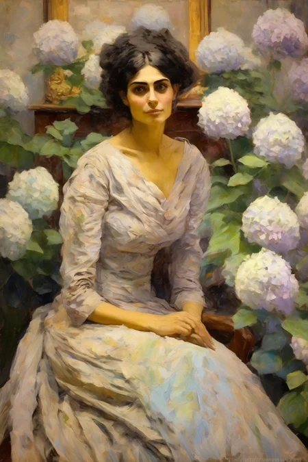 <lora:Theodore Robinson Style:1>Theodore Robinson Style - a messy, impasto portrait of a seated, slim, 30 year old, very beautiful Armenian woman wearing a lavish gown sitting amid a hydrangea