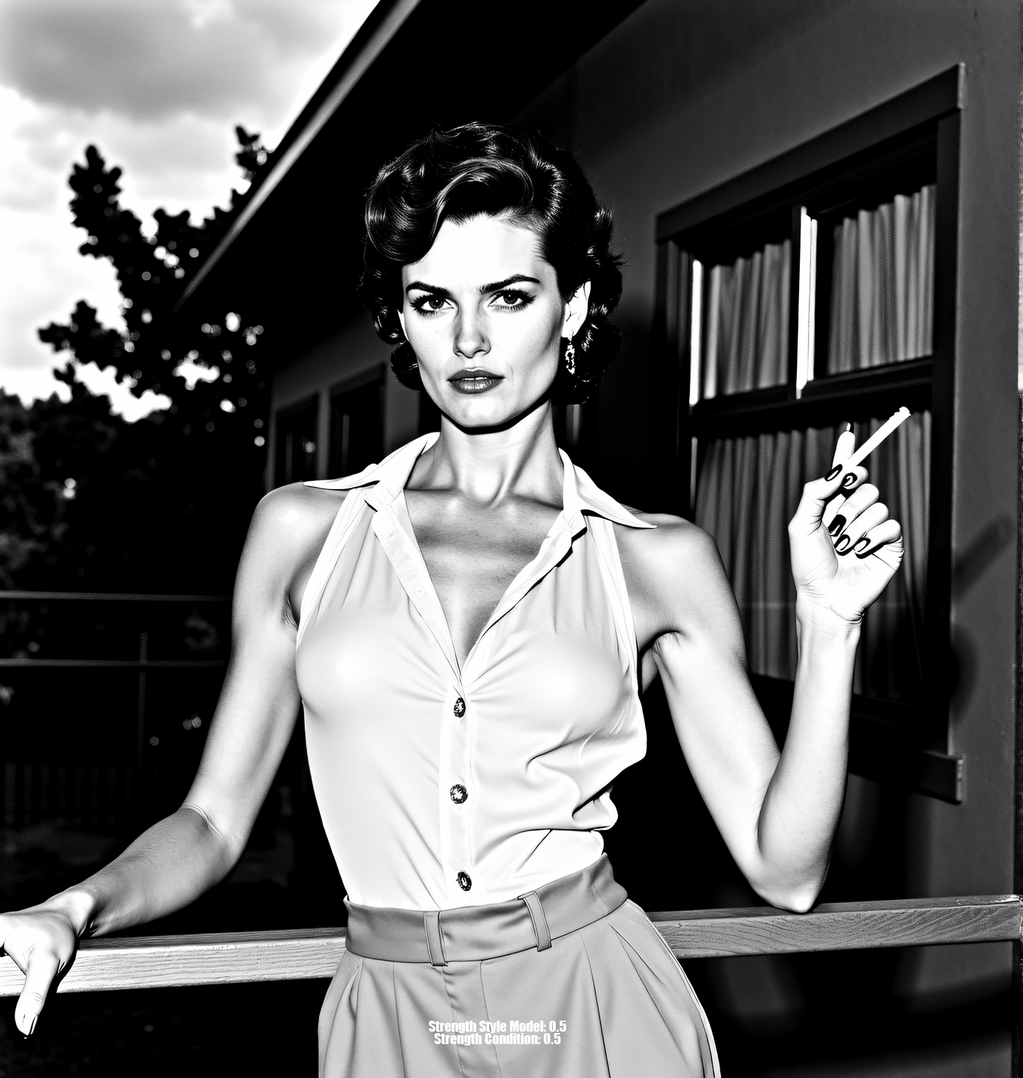 A high-contrast black and white photograph, inspired by Helmut Newton and Peter Lindbergh. A glamorous woman with short, curly hair, wearing a partially unbuttoned sheer button-down shirt tucked into high-waisted trousers. She leans against a railing, cigarette in hand, against a backdrop of cloudy skies, architectural details, and foliage. Shot from a slightly low angle with strong chiaroscuro lighting, creating deep shadows and a dramatic mood. Sharp focus on the foreground with a shallow depth of field. Evoke a timeless, sophisticated aesthetic, reminiscent of classic Hollywood glamour meets raw, unfiltered emotion. Limited grayscale palette, emphasizing texture and form, with a touch of Anton Corbijn's starkness and mood.<lora:_Flux\_Photographer\Helmut_Newton-000001.safetensors:0.8000000000000002:0.8000000000000002>