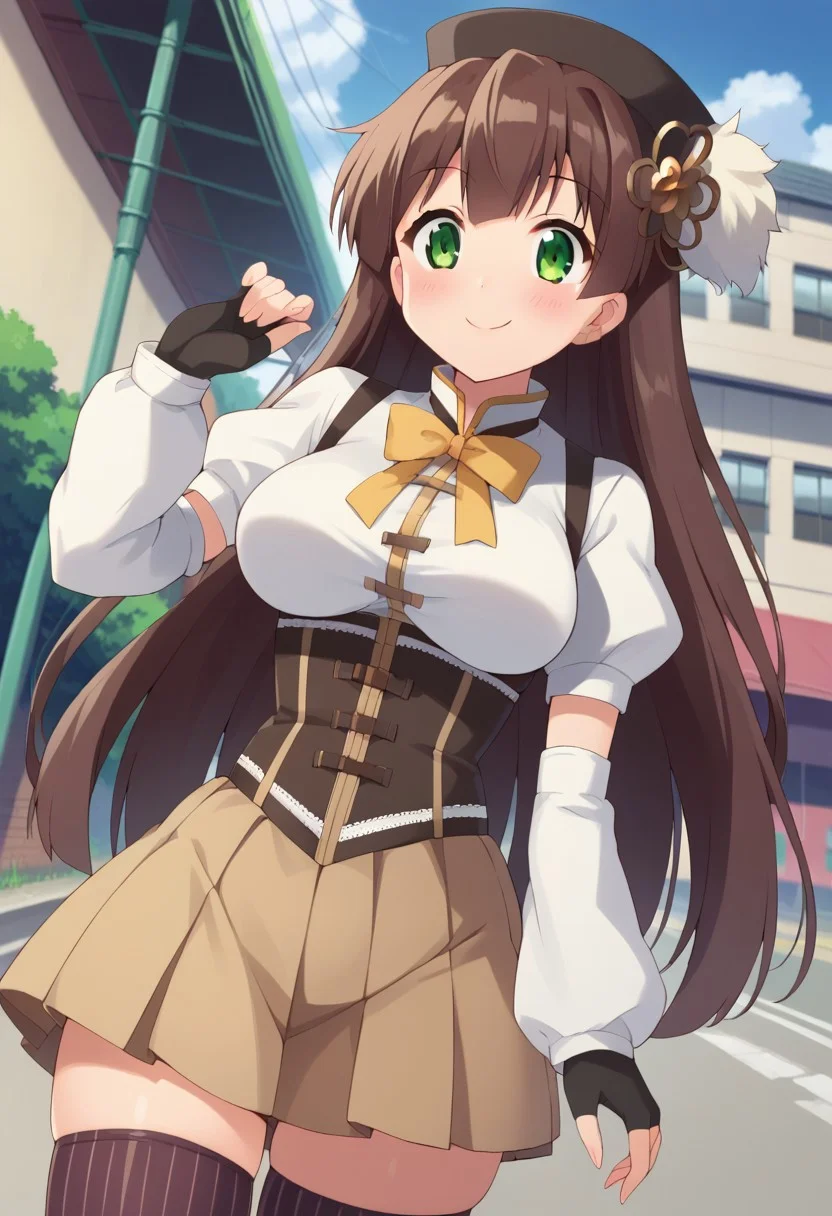 score_9, score_8_up, score_7_up, score_6_up, detailed, intricate details,best quality ,source_anime, female focus,
hiro amanokawa, brown hair, green eyes, 1girl, ultra cute girl, absurdly cute girl, very long hair, curvy, thick thighs, large breasts, sidelocks, <lora:mami-tomoe-cosplay-ponyxl-lora-nochekaiser:1>, mamitomoecosplay, tomoe mami \(cosplay\), black gloves, black headwear, black thighhighs, brown skirt, detached sleeves, fingerless gloves, gloves, magical girl, pleated skirt, puffy short sleeves, short sleeves, skirt, corset, striped clothes, striped thighhighs, white shirt, white sleeves, ribbon,, outdoors, street, smile, blush,, cowboy shot, dutch angle, solo,