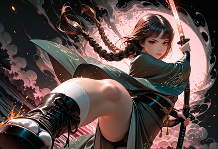 SmoothNoob_Quality, dynamic composition, 1girl, hand on katana, unsheathing, kimono, dark green kimono, Haori, reddish brown haori, Obi, sash, long white socks, sandals, solo, brown hair, curly shoulder-length brown hair, front twin braids, looking at viewer, bangs, greyish-brown eyes, long hair, closed mouth, embers, black background, boots, dynamic pose, dutch angle,foreshortening, twilight, glowing, ink background, abstract background, bright colors, dark, pink theme, gray smoke, neon trim,