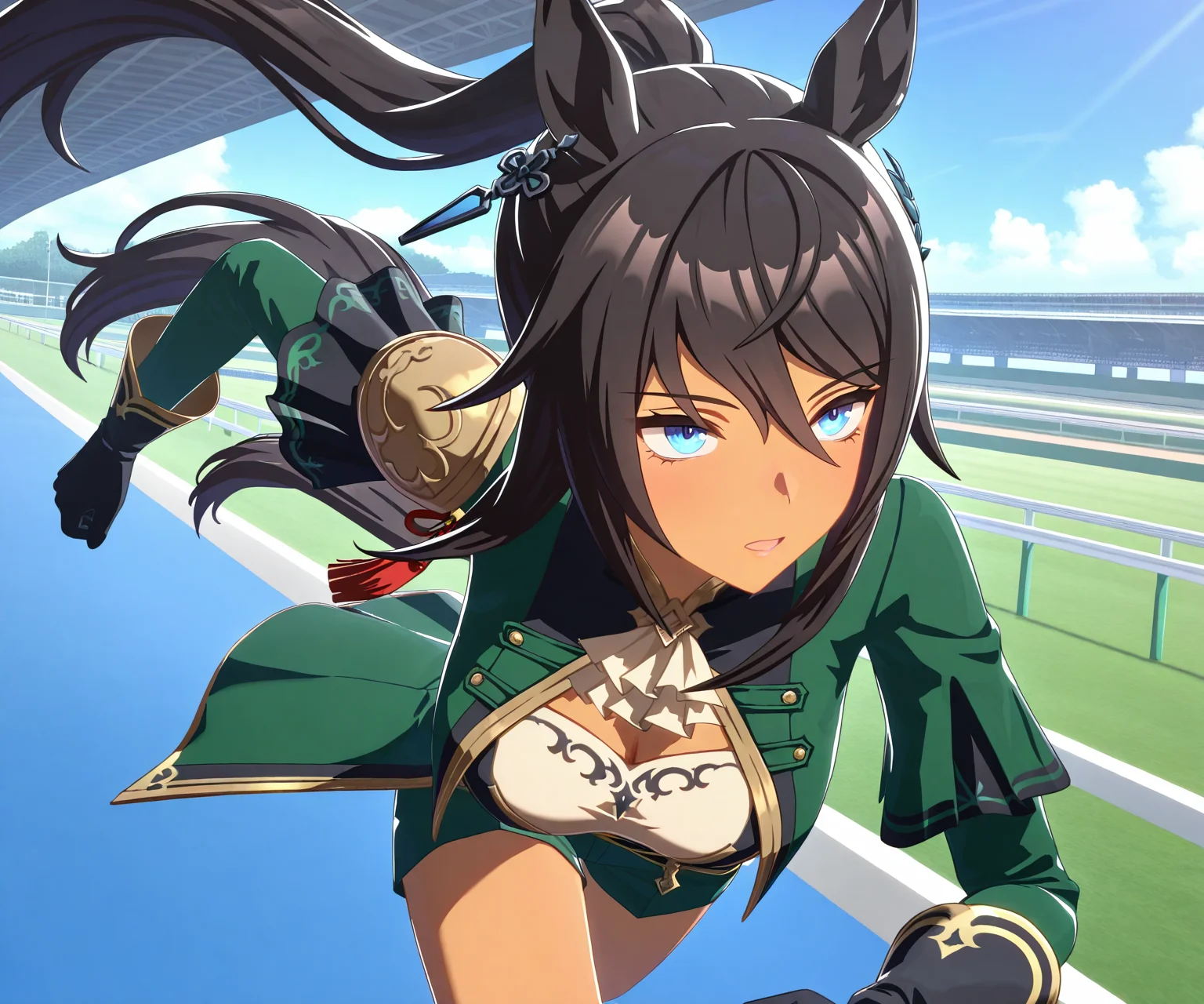 masterpiece, best quality, amazing quality, , 1girl, solo,umamusume, racetrack, running, <lora:Symboli Kris S in game style 3D ILL-v2:1> ummsmingame, 3d, symboli kris s \(umamusume\)