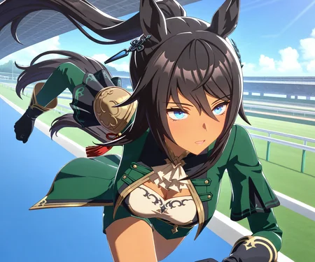 masterpiece, best quality, amazing quality, , 1girl, solo,umamusume, racetrack, running, <lora:Symboli Kris S in game style 3D ILL-v2:1> ummsmingame, 3d, symboli kris s \(umamusume\)