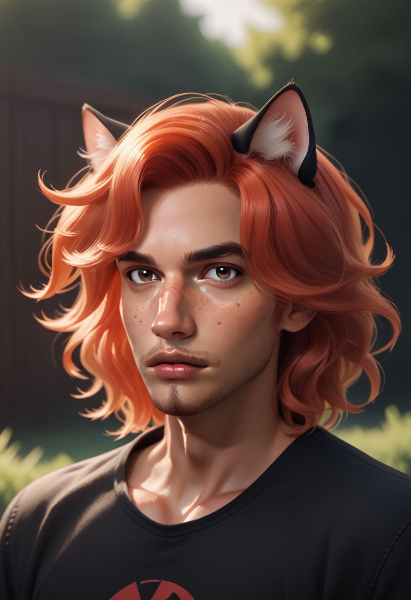 Phoenix Montoya, red hair, brown eyes, animal ear fluff, cat ears, facial hair, stubble, goatee, black shirt, freckles, hispanic, looking at viewer, male focus, outdoors, parted lips, shirt, solo, upper body, score_9, score_8_up, score_7_up, score_6_up,
