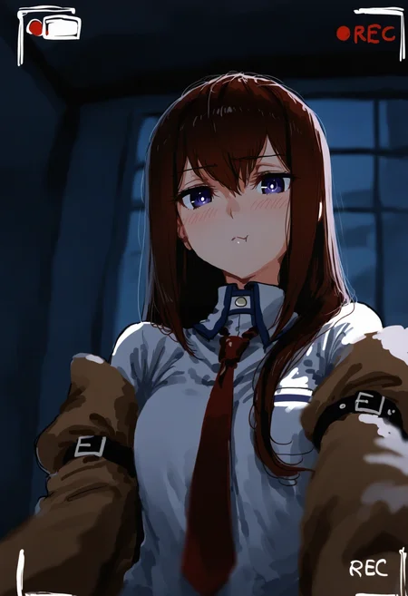 aruhshura,
steins;gate, makise kurisu, 1girl, arm strap, bangs, blue eyes, brown hair, brown jacket, closed mouth, collared shirt, depth of field, expressionless, eyebrows visible through hair, from below, hair between eyes, indoors, jacket, light blush, light particles, long hair, looking at viewer, necktie, off-shoulder jacket, off shoulder, reaching towards viewer, red necktie, shirt, solo, straight hair, upper body, white shirt, window, dim lighting, chiaroscuro, night, pout, (recording:1.1), from below, (camera hud:1.1), dark, darkness,
, masterpiece, best quality, good quality,
<lora:best_of_ai_styles_noob-vpred-1.0_v1.337-edm2-pass-long:1>