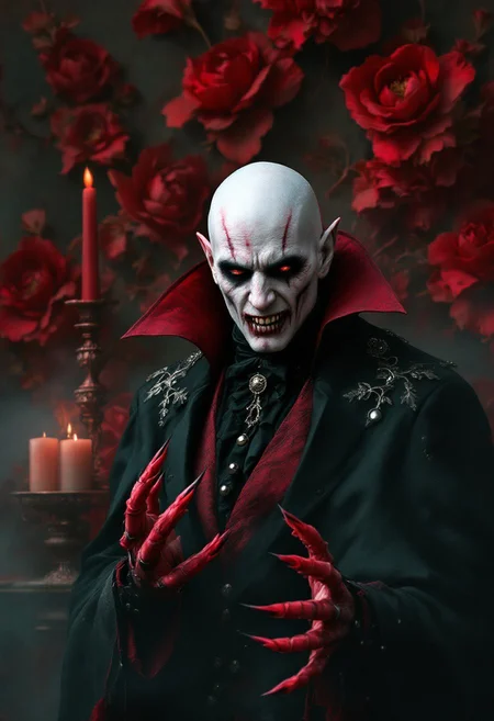 decadent vampires, bald, black smudged lines around the eyes, white and pink dull skin, huge claws, wearing a scarlet and black gothic outfit, scarlet flowers, thick fog and fluffy rich vibrant smoke background, surreal fantasy realistic whimsical, hyper-detailed, professional photoshoot, chiaroscuro lighting