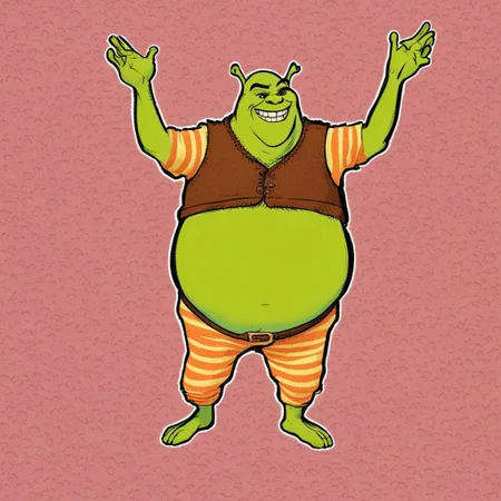 Shrek spreads butt, very scared face, detailed, best quality, 80K, coins, rainbow pajama