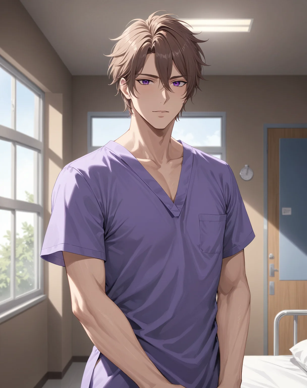 masterpiece, best quality, very aesthetic, absurdres, very detailed, sensitive, depth of field, ((1boy, solo, male only, male focus, cowboy shot)), <lora:graham_fallon_sdxl_lora:0.8>, (graham de fallon, brown hair, short hair, hair between eyes, bangs, purple eyes), medical scrubs, hospital, looking at viewer, <lora:Lightning-8:0.5>, <lora:xl_more_art-full_v1:0.6>