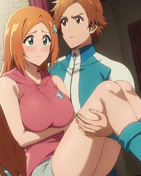 score_9, score_8_up, score_7_up,,source_anime, nsfw, uncensored,masterpiece, perfect quality, perfect lighting, <lora:princess_carry_v0.3-pony:1> princess carry,
<lora:Orihime_Inoue__Bleach_Thousand-Year_Blood_War_art_style:1>1girl, Orihime, long hair, large breasts, facing viewer, (girl wearing sleeveless pink shirt with hood, shirt has no sleeves), shorts, (in a castle),(girl wearing a royal crown on her head), looking at man, blushing, embarrassed,
1man, brown hair, generic outfit,