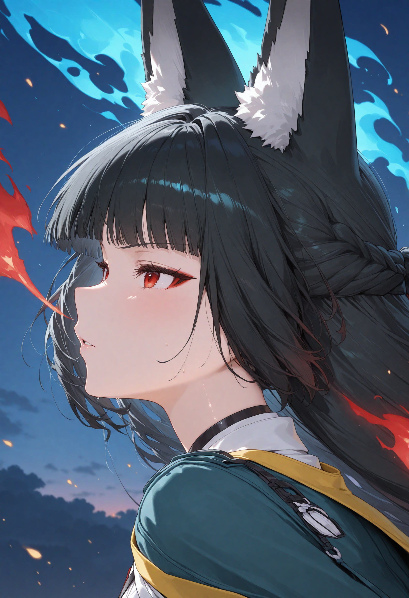 1girl, masterpiece, highres, hoshimi miyabi, fox ears, red eyes, from side, head, sky, close up, blue fire, red fire <lora:add-detail-xl:1>