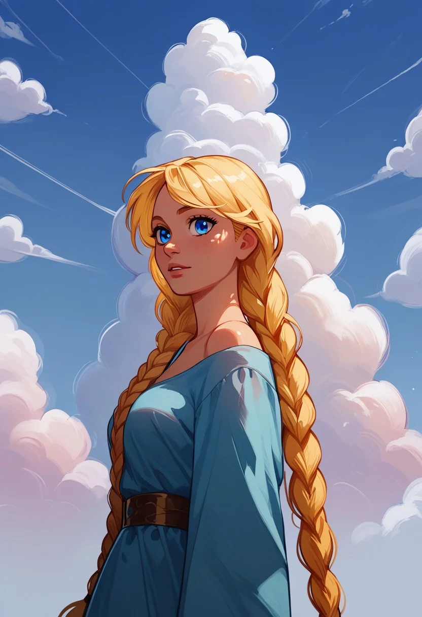 score_9, score_8_up, score_7_up, summer, purple sky, clouds, warm light, amazing background,
slavya, blonde hair, very long hair, long hair, twin braids, blue eyes