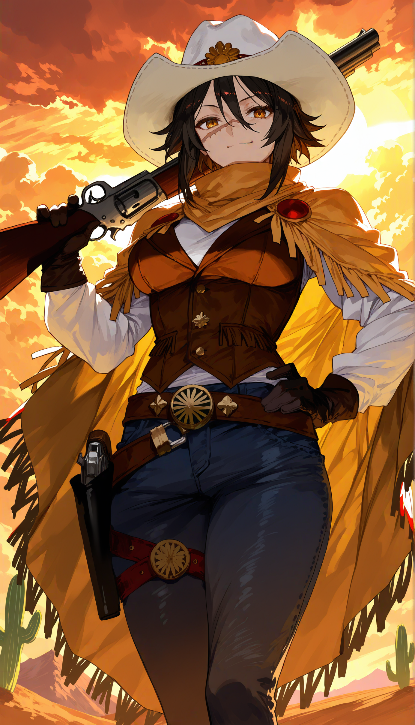 1girl,solo,sugitani zenjubou \(fate\),weapon over shoulder,looking at viewer,feet out of frame,fate/grand order,fate \(series\),hand on own hip,holding weapon,holding gun,from below,standing,official alternate costume,fringe-trimmed cape,trigger discipline,revolver,shotgun,holster,rifle BREAK masterpiece,best quality,very aesthetic,aruhshura BREAK scar on nose,short hair,brown hair,thigh belt,brown belt,brown vest,white hat,long hair,poncho,thighs,smirk,boots,chaps,jeans,cigar,smile,hair between eyes,cowboy western,medium breasts,large breasts,cloak,denim,blue pants,brown eyes,black hair,cowboy hat,brown cape BREAK leather belt,closed mouth,black gloves,brown gloves,long sleeves,scar on face,belt buckle,yellow cape,yellow eyes,thigh strap,white shirt,orange eyes,fringe trim,backlighting,orange sky,cloudy sky,outdoors,mountain,red sky,sunset,desert,cactus AND rifle,holster,shotgun,revolver,trigger discipline,fringe-trimmed cape,official alternate costume,standing,from below,holding gun,holding weapon,hand on own hip,fate \(series\),fate/grand order,feet out of frame,looking at viewer,weapon over shoulder,sugitani zenjubou \(fate\),solo,1girl BREAK aruhshura,very aesthetic,best quality,masterpiece BREAK brown cape,cowboy hat,black hair,brown eyes,blue pants,denim,cloak,large breasts,medium breasts,cowboy western,hair between eyes,smile,cigar,jeans,chaps,boots,smirk,thighs,poncho,long hair,white hat,brown vest,brown belt,thigh belt,brown hair,short hair,scar on nose BREAK cactus,desert,sunset,red sky,mountain,outdoors,cloudy sky,orange sky,backlighting,fringe trim,orange eyes,white shirt,thigh strap,yellow eyes,yellow cape,belt buckle,scar on face,long sleeves,brown gloves,black gloves,closed mouth,leather belt
