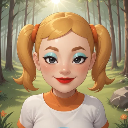 score_9, score_8, BREAK, solo, mii, wii, wii sports, 1girl, female mii, cute, attractive, blonde hair, twintails, dark blonde eyebrows, makeup, blush, blue eyeshadow, red lips, lipstick, orange clothing, white pants, breasts, Nintendo Mii, modern_mii, classic_mii, Midoriya_(OC_Mii), black eyes sexy pose, smile, outdoors, sunlight, shadows, evening lighting, natural lighting, forest, trees, grass, orange sky, sunset