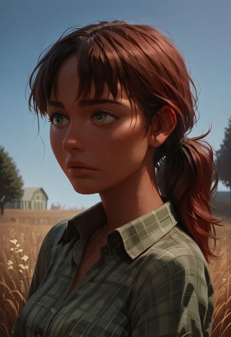 score_9, score_8_up, score_7_up, solo 1girl, (21yo girl:1.2), long wavy dark auburn hair, ponytail hair, wavy bangs, green eyes, dimples, tan lines, large round breast, standing in front of hay barn, outdoors, wearing a wide open dark emerald-green plaid work shirt, bottomless, farm field, nervous facial expression