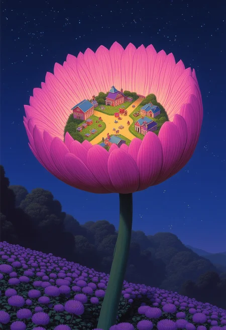 a tiny, intricate fairy city nestled inside a massive flower, with luminous pathways, small cottages, and fairies flying around, all illuminated by bioluminescent petals, illustration in the style of CTILLUST