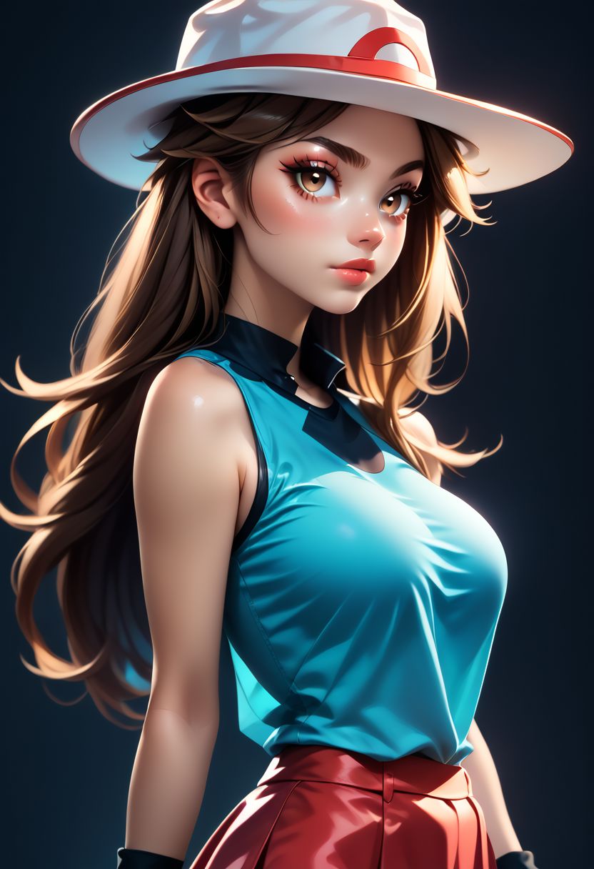 score_9, score_8_up, score_7_up, score_6_up, score_5_up, score_4_up score_9,score_8_up, digital art, upper body shot, realistic 3D illustration, 
BREAK,
zzleaf, brown eyes,  brown hair, long hair,  hat, long hair, blue shirt, sleeveless, wristband, red skirt, blue socks, white footwear, 
BREAK,
, soft lighting, contemplative expression, dark background, subtle makeup, high-resolution, detailed texture, emotional depth, dramatic mood, side profile, serene atmosphere, cinematic lighting. perfectly round breasts, big breasts, firm breasts, SkinHairDetail, eye contact