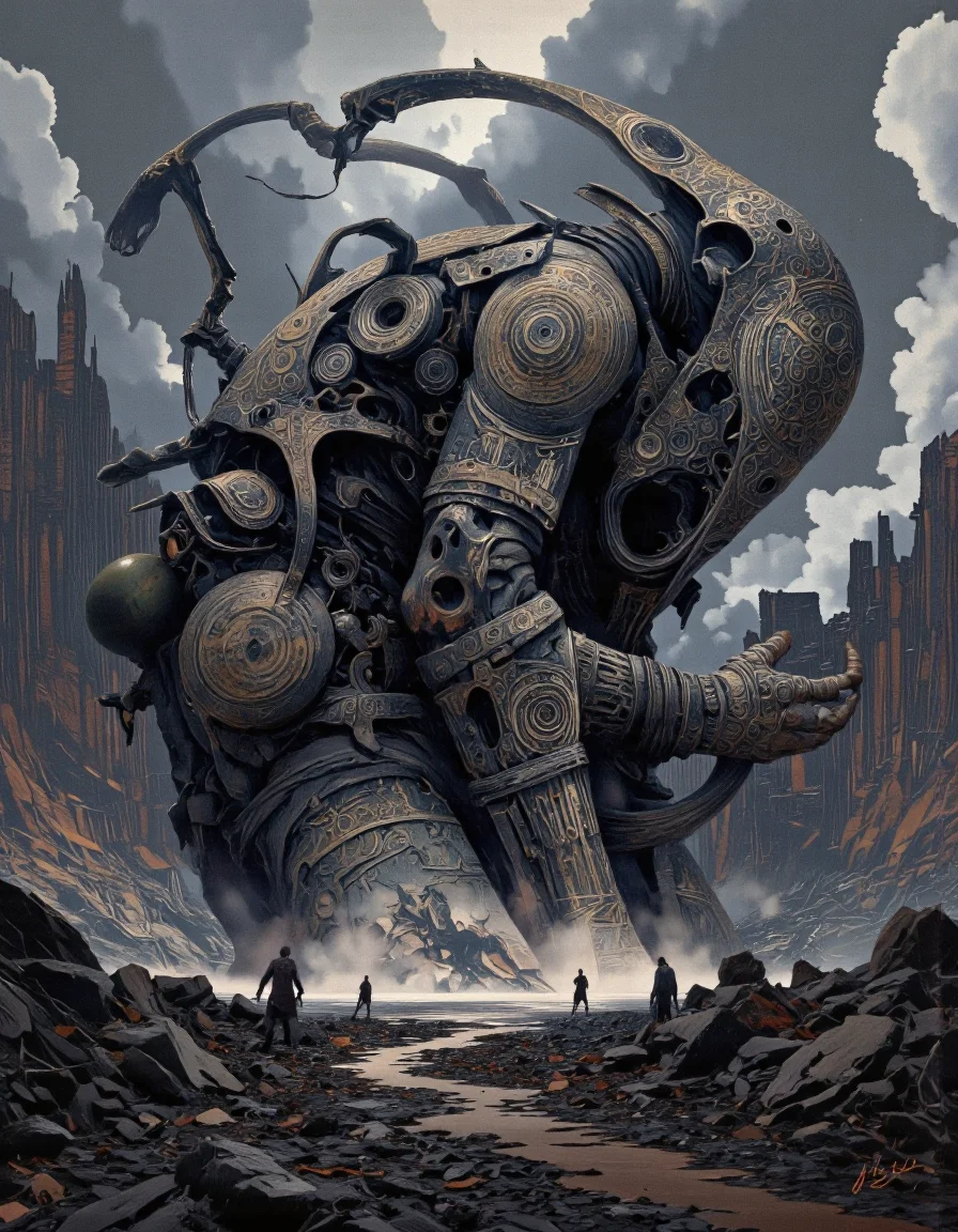Art par Alexey Egorov. Une illustration numérique sombre et de mauvaise humeur tire sous un angle de caméra loin sur une créature massive et imposante dominante sur un paysage rocheux, entouré de petites figures. La scène se déroule dans une friche post-apocalyptique, avec un ciel sombre et inquiétant rempli de nuages ââsombres. La créature a un nez long et pointu et des motifs circulaires complexes sur son corps. Il se tient au centre de l'image, avec deux figures plus petites debout de chaque côté, face à l'éloignement du spectateur. De l'autre côté de la créature, une créature plus grande semble être immobile, avec ses bras tendus, comme s'il était prêt à frapper. Les créatures sont complexes en détail avec une variété de textures et de motifs, ajoutant à l'atmosphère inquiétante de la scène. Le sol est jonché de rochers et de débris, et l'ambiance globale est celle de la destruction et du chaos. L'atmosphère générale est sombre et inquiétante, la créature se démarquant contre le terrain rocheux et les figures plus petites ajoutant un sentiment d'échelle à l'image.