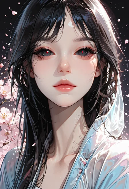masterpiece, best quality, good quality, very aesthetic, absurdres, newest, 1girl, delicate hanfu, eye focus, Makeup, long eyelashes,Perfect face, black hair, Cherry blossom petals cover half face, Bright eyes, eye reflection,black_sclera looking_at_viewer, Close-Up, (straight on:1.2),
<lora:DetailedEyes_V3:1> <lora:USNR_STYLE_ILL_V1_lokr3:0.45> usnr <lora:ponyv6_noobV1_2_adamW:0.9> <lora:GENESIS_MK0.2:0.5> <lora:KoreanStyleSDXLvpred10:1> AiKoreanStyle, lips, korean, asian <lora:KRGRL-IL:1>