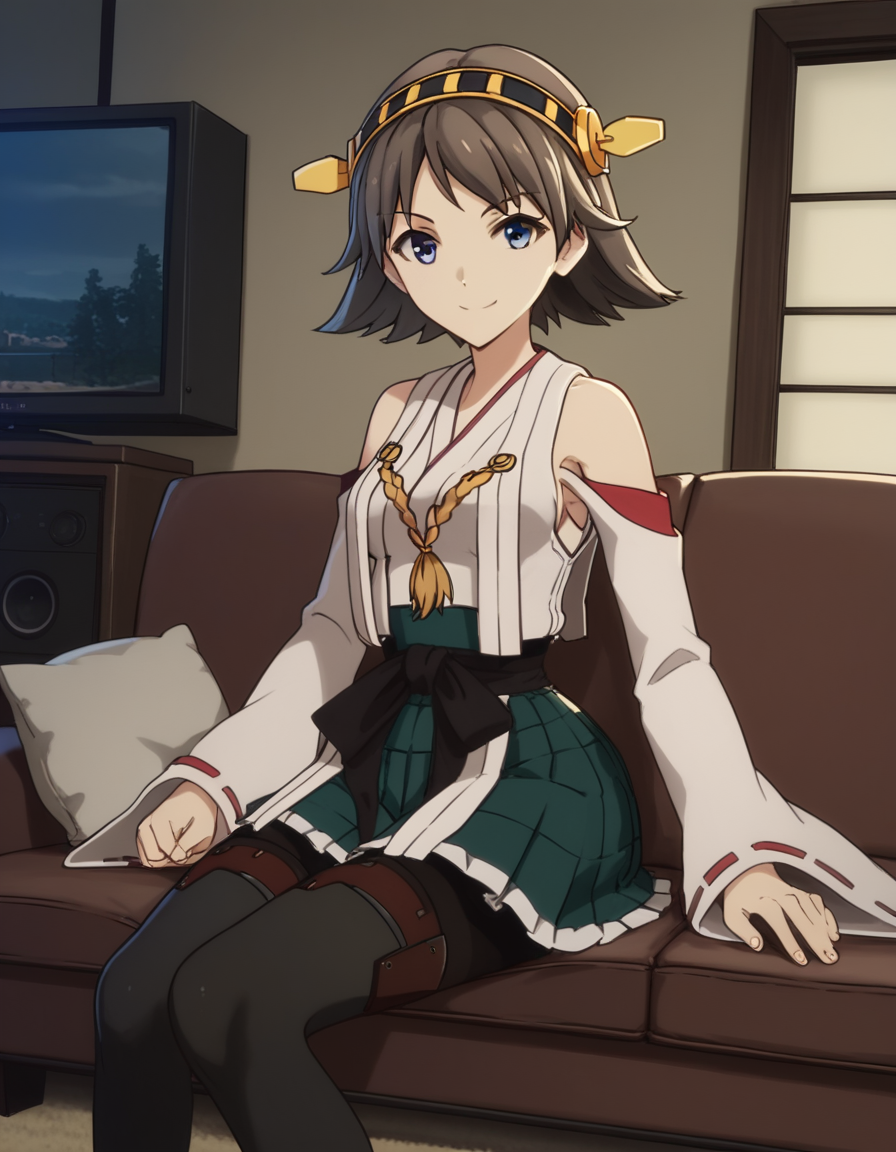score_9, score_8_up, score_7_up, source_anime, <lora:kancolle-hiei-s1-ponyxl-lora-nochekaiser:1>, hiei, short hair, blue eyes, brown hair, hairband, hiei (kancolle), medium breasts,, skirt, thighhighs, bare shoulders, pantyhose, detached sleeves, japanese clothes, nontraditional miko,, living room, television, couch, popcorn, watching movie, night time, sitting,, smile, looking at viewer, v, v over eyes, smile, solo,, cowboy shot, dutch angle