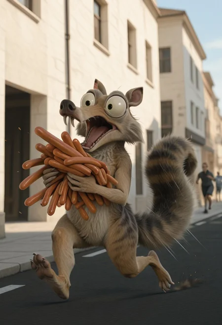 embedding:IllusP0s, hot dogs, holding hot dogs, running, motion lines, panicking, running away, Scrat, long snout, bushy tail, bulging eyes, striped tail, paws, detailed, volumetric light, perfect light, shadows, outdoors, day, close-up,