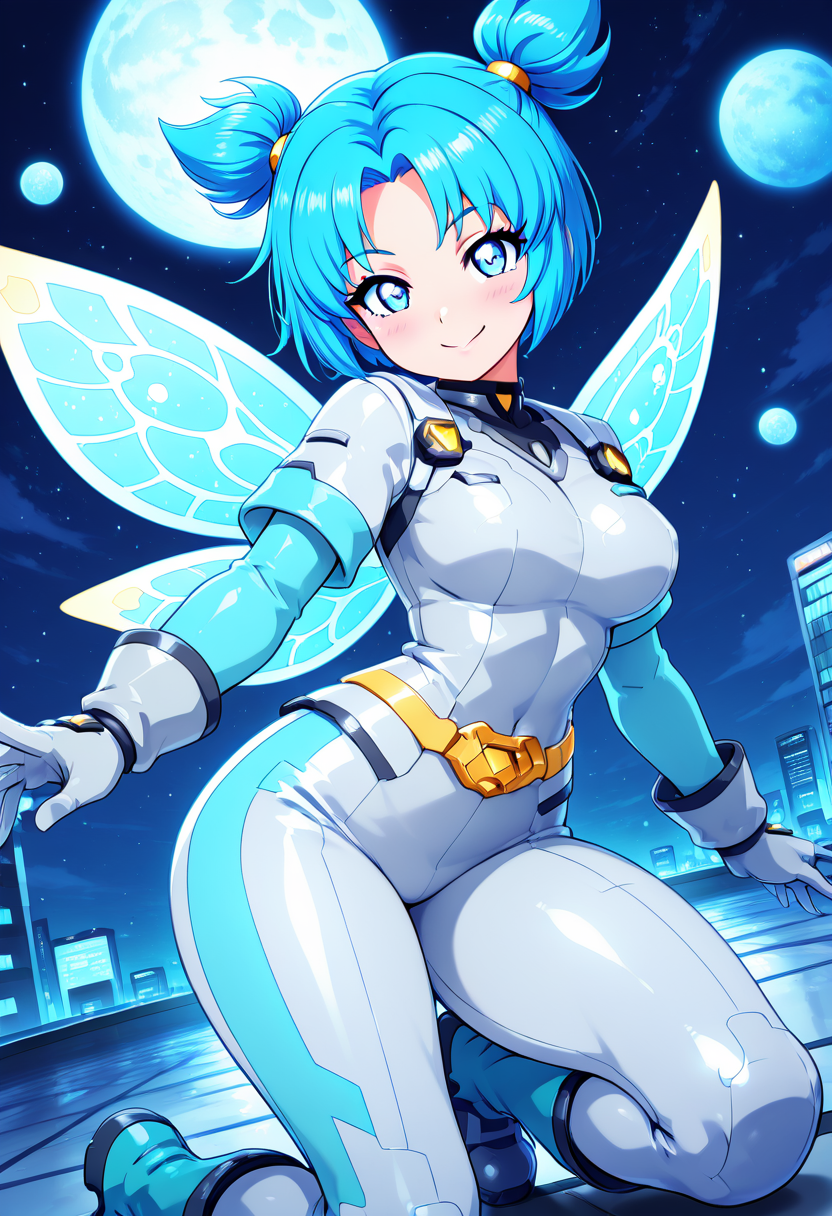masterpiece, best quality, solo, curvy, beautiful eyes, narrow waist, wide hips, 1girl, solo, smile, looking at viewer, dynamic angle, foreshortening, close up,    zzVela, blue eyes, blue hair, short hair, twintails, short twintails, <lora:VelaJetforce_IXL:0.8>,[Magical Idol], <lora:LoveLiveSchoolIdolFestivalAllStarsNAI:0.5>, sparkling iridescent bodysuit with pastel colors and starry accents, fairy wings glowing with soft light, glowing pink and blue boots, twinkling hairpins shaped like moons and stars, fairy-like makeup with a soft glow, performing under a moonlit sky with soft sparkles surrounding her,