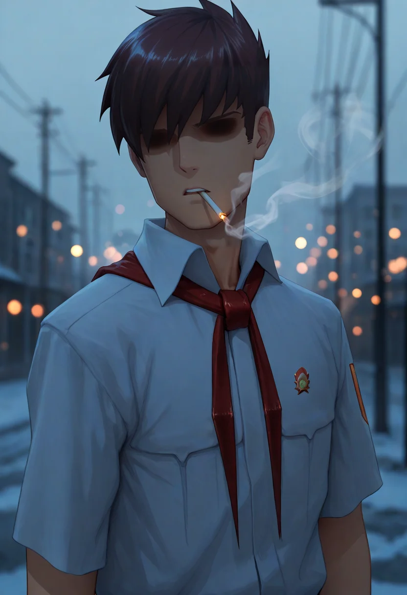 anime artwork cinematic film still concept art masterpiece, best quality,
<lora:sembl:1> psembl, 1boy, solo, male focus, brown hair, shirt, white shirt, faceless, necktie, short sleeves, hair over eyes, , shaded face, closed mouth<lora:dark_v1.9-pony:0.9>city, casual wear, winter. Smoking, looking away <lora:NOOB_vp1_detailer_by_volnovik_v1:1> . digital artwork, illustrative, painterly, matte painting, highly detailed . shallow depth of field, vignette, highly detailed, high budget Hollywood movie, bokeh, cinemascope, moody, epic, gorgeous, film grain, grainy . anime style, vibrant, studio anime, highly detailed
