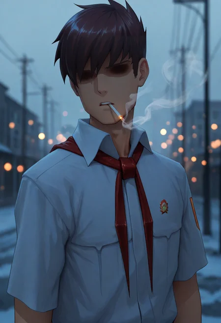 anime artwork cinematic film still concept art masterpiece, best quality,
<lora:sembl:1> psembl, 1boy, solo, male focus, brown hair, shirt, white shirt, faceless, necktie, short sleeves, hair over eyes, , shaded face, closed mouth<lora:dark_v1.9-pony:0.9>city, casual wear, winter. Smoking, looking away <lora:NOOB_vp1_detailer_by_volnovik_v1:1> . digital artwork, illustrative, painterly, matte painting, highly detailed . shallow depth of field, vignette, highly detailed, high budget Hollywood movie, bokeh, cinemascope, moody, epic, gorgeous, film grain, grainy . anime style, vibrant, studio anime, highly detailed