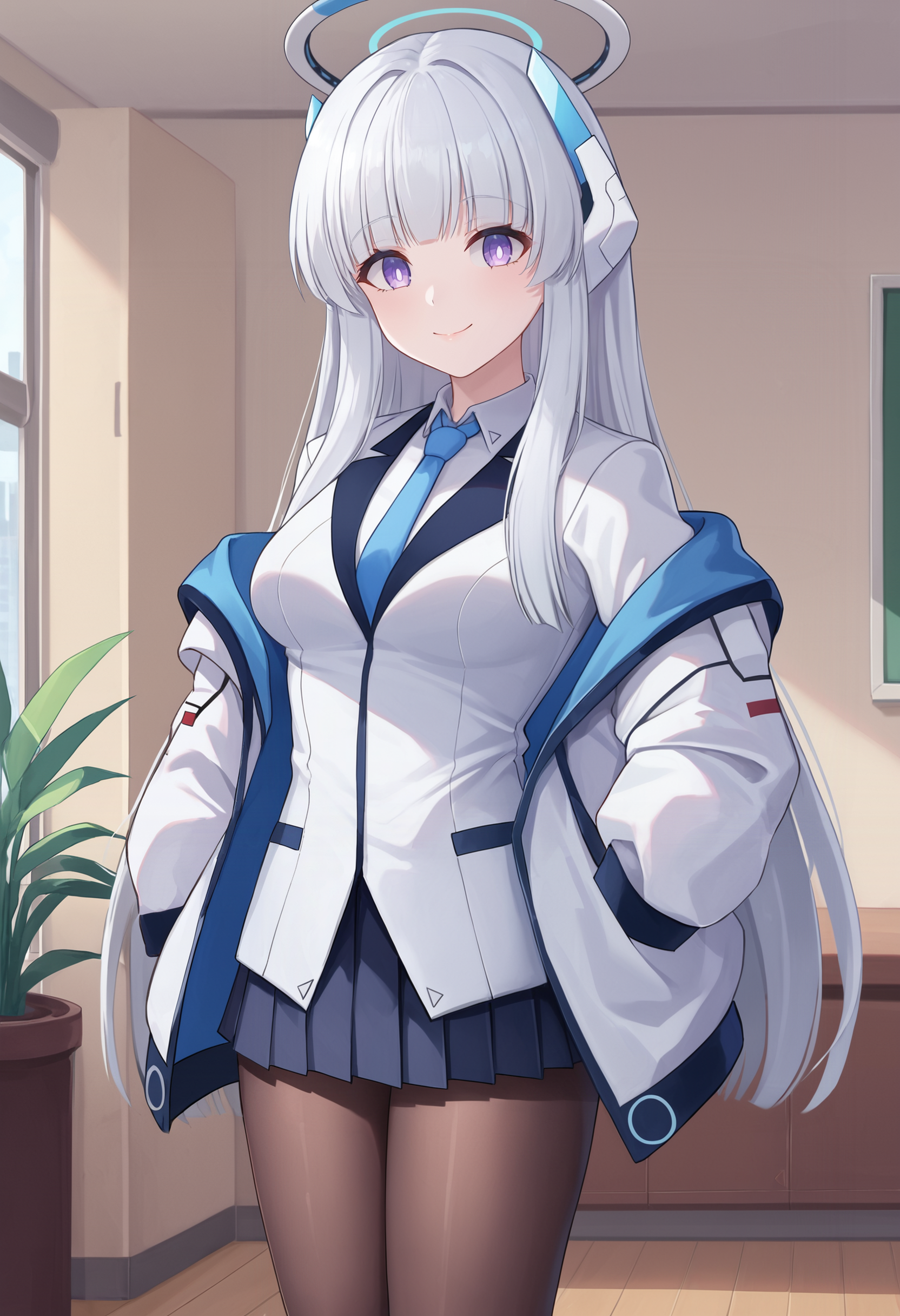 zPDXL, source_anime, BREAK
ushio noa, white hair, long hair, medium breasts, halo, headphones, pantyhose,
school uniform, open jacket, 
light smile, closed mouth,
standing, cowboy shot, 
indoors,  <lora:noa2-ponyxl-kohya-000008:0.8>