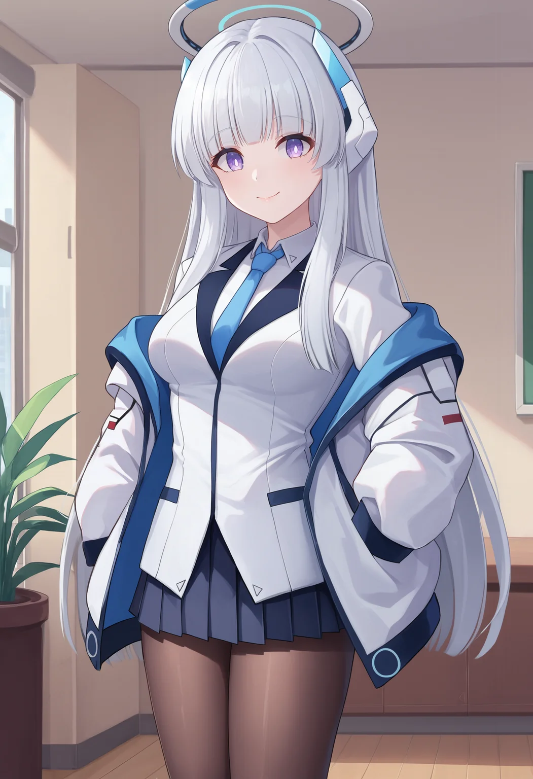 zPDXL, source_anime, BREAK
ushio noa, white hair, long hair, medium breasts, halo, headphones, pantyhose,
school uniform, open jacket,
light smile, closed mouth,
standing, cowboy shot,
indoors, <lora:noa2-ponyxl-kohya-000008:0.8>