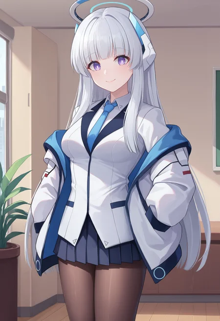 zPDXL, source_anime, BREAK
ushio noa, white hair, long hair, medium breasts, halo, headphones, pantyhose,
school uniform, open jacket,
light smile, closed mouth,
standing, cowboy shot,
indoors, <lora:noa2-ponyxl-kohya-000008:0.8>