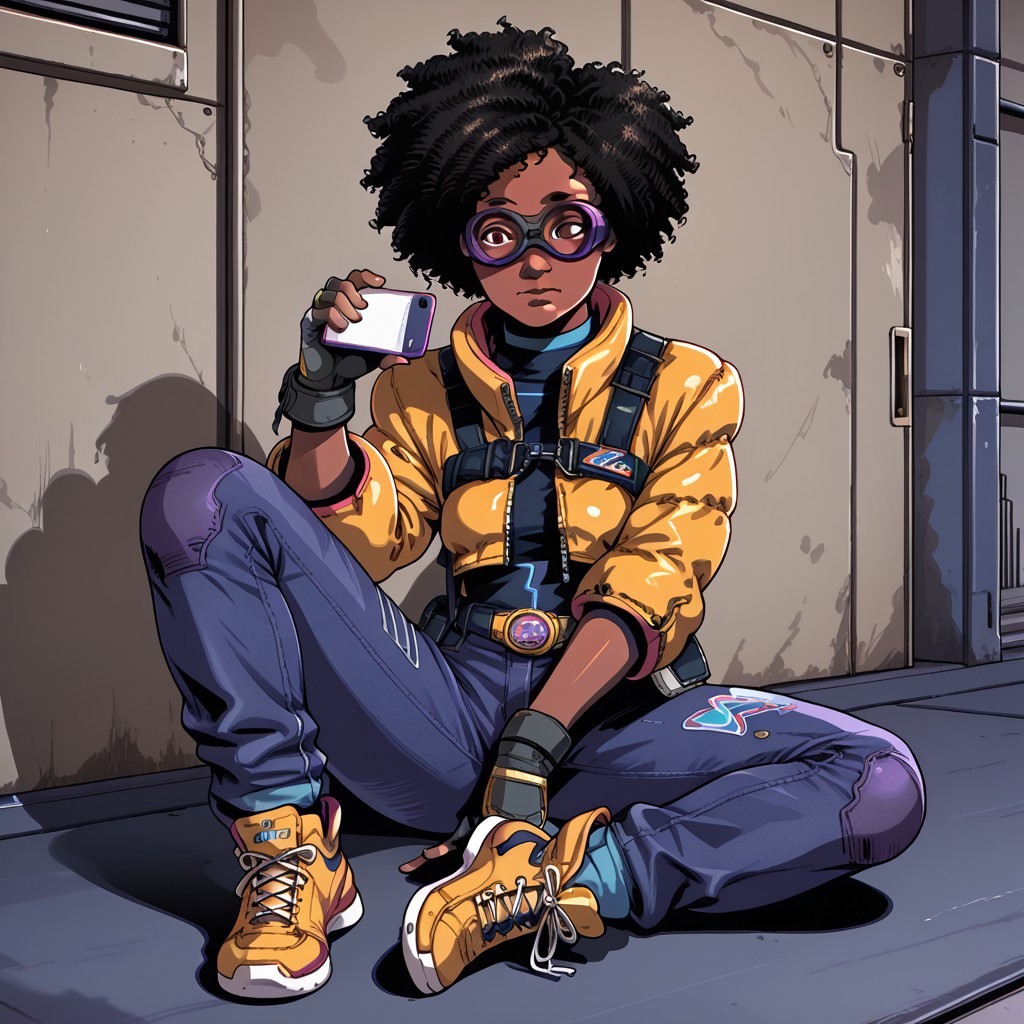 1girl,dark skin,afro,yellow jacket,solo,fingerless gloves,jeans,goggles,dark skin,black hair,short hair,sneakers,brown eyes,sitting,looking at phone,holding phone
