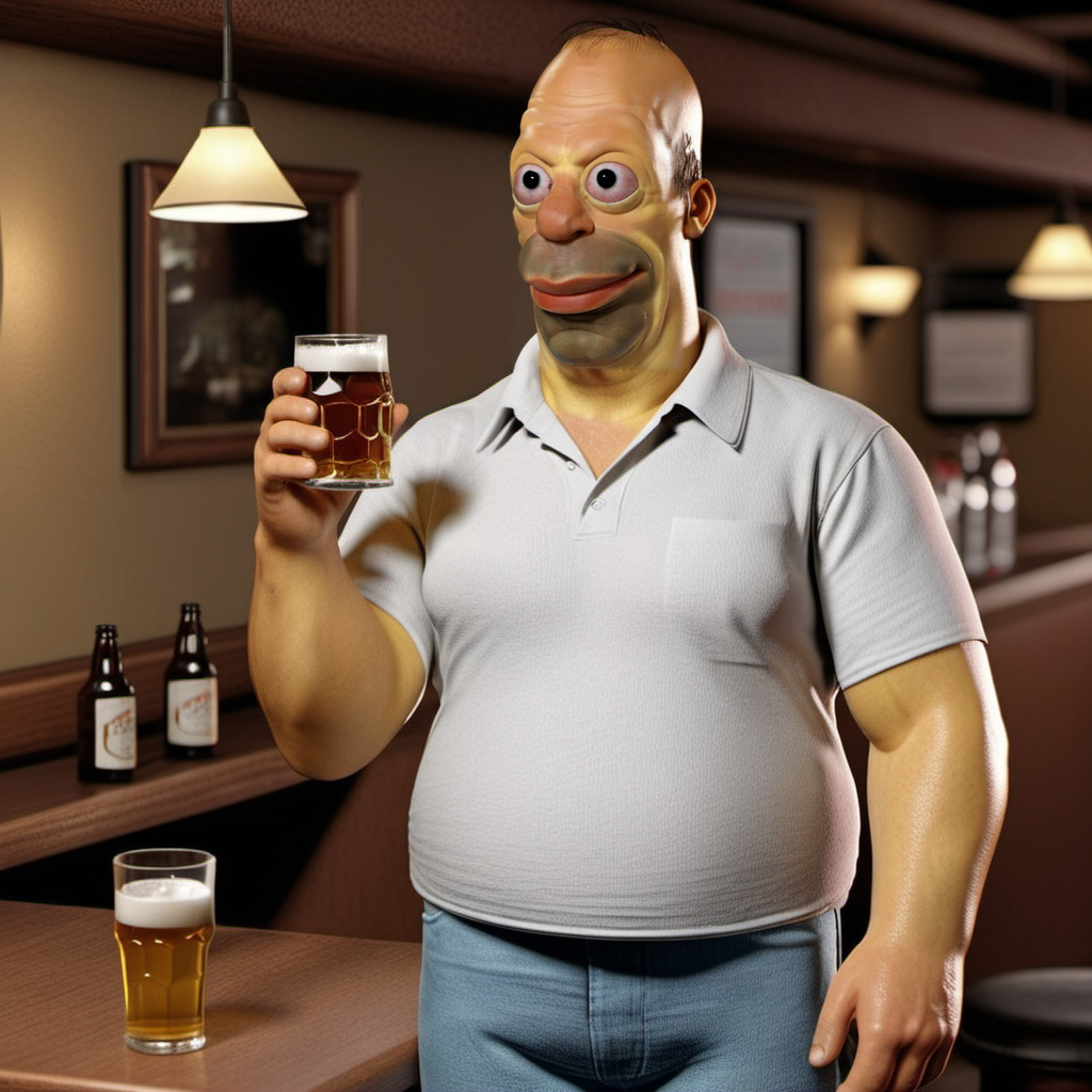 Homer1024, a man with a white shirt and a jean pants, smile, drinking a beer "Duff",  in a old pub,  highly detailed, photography, ultra sharp, film, bokeh, professional, 64k   <lora:Homer1024:0.8>