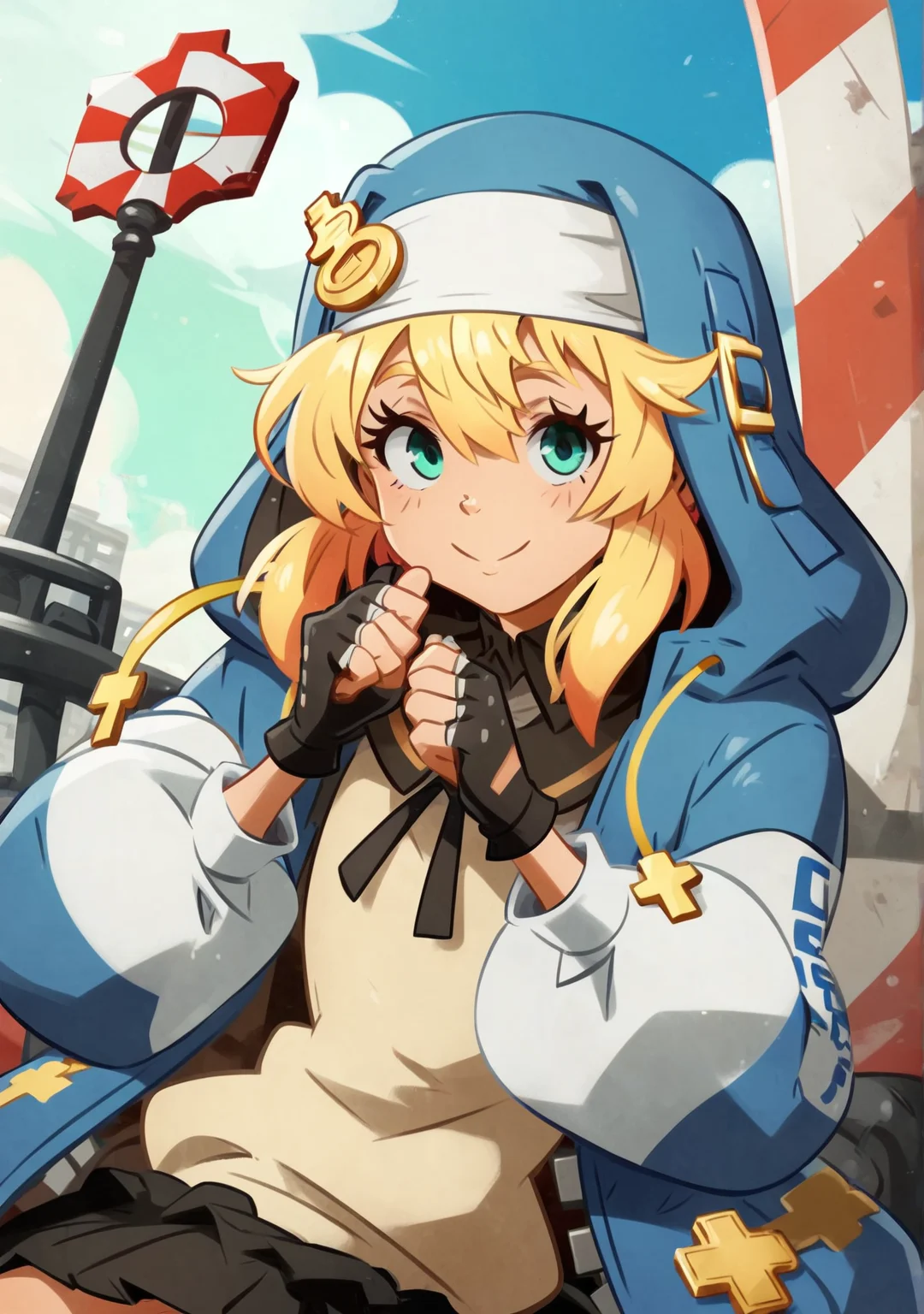 score_8_up, score_7_up, score_6_up, score_5_up, score_4_up, anime screenshot, looking at viewer,
<lora:Bridget Guilty Gear (Autism SDXL)-000009:0.7> 1boy, bridget (guilty gear), hood, blonde hair, jacket, androgyne symbol, habit, black gloves, aqua eyes, hands up, police car, 
<lora:khyle. style:1> khyle., traffic light,