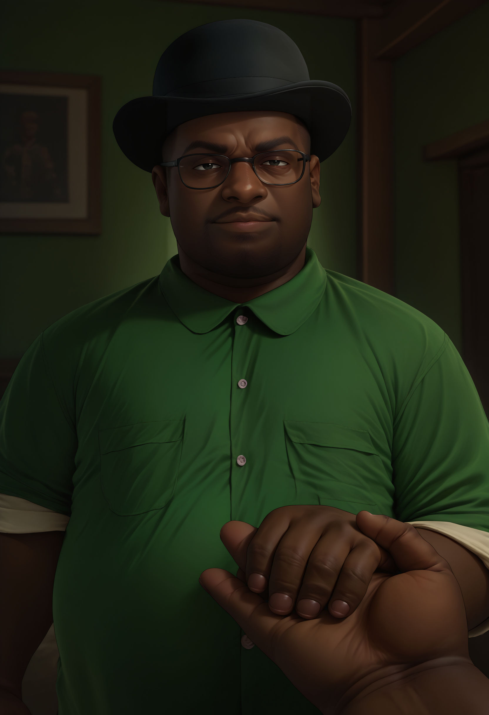 score_9, score_8_up, score_7_up, 1boy, holding hands, solo focus, pov hands, out of frame, <lora:HoldingHandsPOV_XLPD:1>, <lora:BigSmoke_XLPD:0.9>, BigSmoke, black eyes, dark-skinned male, facial hair, glasses, black headwear, green shirt, fat man, smirk, indoors,