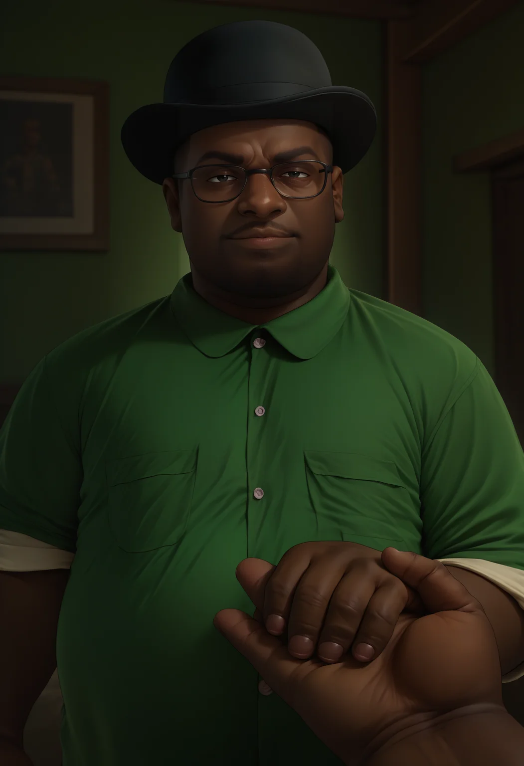 score_9, score_8_up, score_7_up, 1boy, holding hands, solo focus, pov hands, out of frame, <lora:HoldingHandsPOV_XLPD:1>, <lora:BigSmoke_XLPD:0.9>, BigSmoke, black eyes, dark-skinned male, facial hair, glasses, black headwear, green shirt, fat man, smirk, indoors,