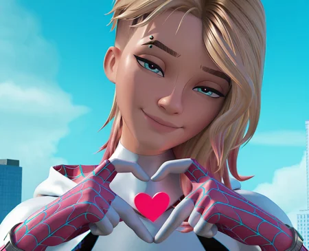 masterpiece, best quality, amazing quality, highres, absurdres, 3d, chromatic aberration, <lora:Gwen_Stacy_Spider_Verse_IILUS:0.8> , gwen1, 1girl, solo, blue eyes, eyebrow piercing, blonde hair, asymmetrical hair, undercut, two-tone hair, pink hair, medium hair, skin tight, bodysuit, superhero, spider web print, hood down, looking at viewer, portrait, smile, heart hand, head tilt, half-closed eyes,