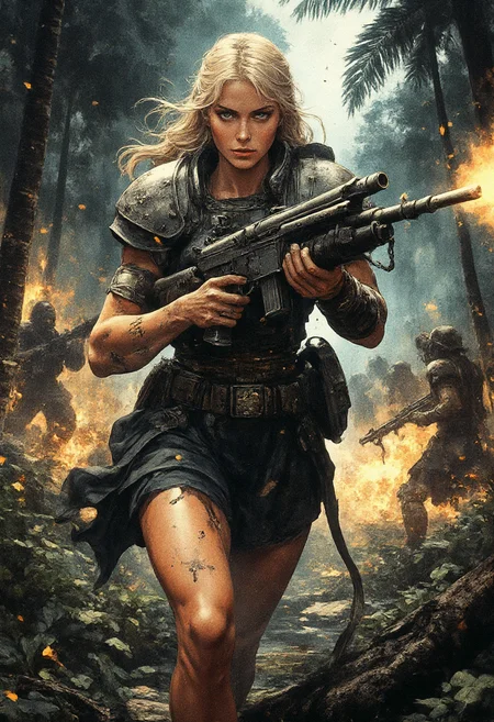 An epic cinematic film still of a beautiful karolineleavitt, charging into battle. She is half naked, and is armed with a heavy bolter. karolineleavitt has blonde hair with a long braid and bangs, her huge tatooed tits, with celtic cross tatoo, perfect nipples. The shot is taken at hip level and gives the impression of running. The scene is set in lush jungle of the death world, Catachan, she is shooting her bolter gun at an enemy outside of the frame chasing after her, empty bullet casting flying in the air, tracer bullets are whizzing by her, but she stands firm and resolute as the flame from gunfire is casting lights and shadows adding a dramatic sense to the scene, epic battle, night time, explosions, life or death battle, grimdark, cinematic color grading, highest quality. highly detailed, watercolor anime style. style of Benedick Bana and Shahab Alizadeh .Dystopian, shades of gray with highlight colors. Angled, legs apart, pointing gun at camera. Extreme perspective. Action pose with gun. Cinematic action style. <lora:RetroAnimeFluxV1:0.7> <lora:Mezzotint_Artstyle_for_Flux_-_by_Ethanar:0.6> <lora:Karoline_Leavitt_FLUX:1> <lora:CPA:0.7> anime