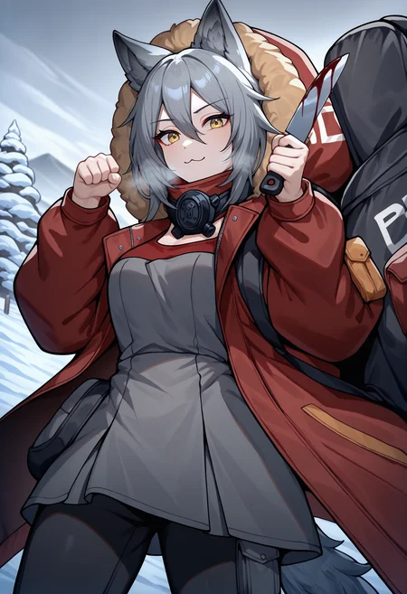 masterpiece, best quality, newest, absurdres, highres, 1girl, ProRedDef, wolf ears, grey hair, hair between eyes, wolf tail, yellow eyes, wolf girl, mask around neck, fur-trimmed hood, hood up, hooded jacket, duffel bag, fur trim, red jacket, open clothes, open jacket, red coat, red shirt, grey shirt, backpack, pouch, grey dress, long sleeves, tachi-e, black pants, <lora:ProjektRed_illusXLNoobAI_Incrs_v1:1>, cowboy shot, paw pose, :3, outdoors, winter, snow, holding knife, reverse grip, blood on knife, from below, looking at viewer,