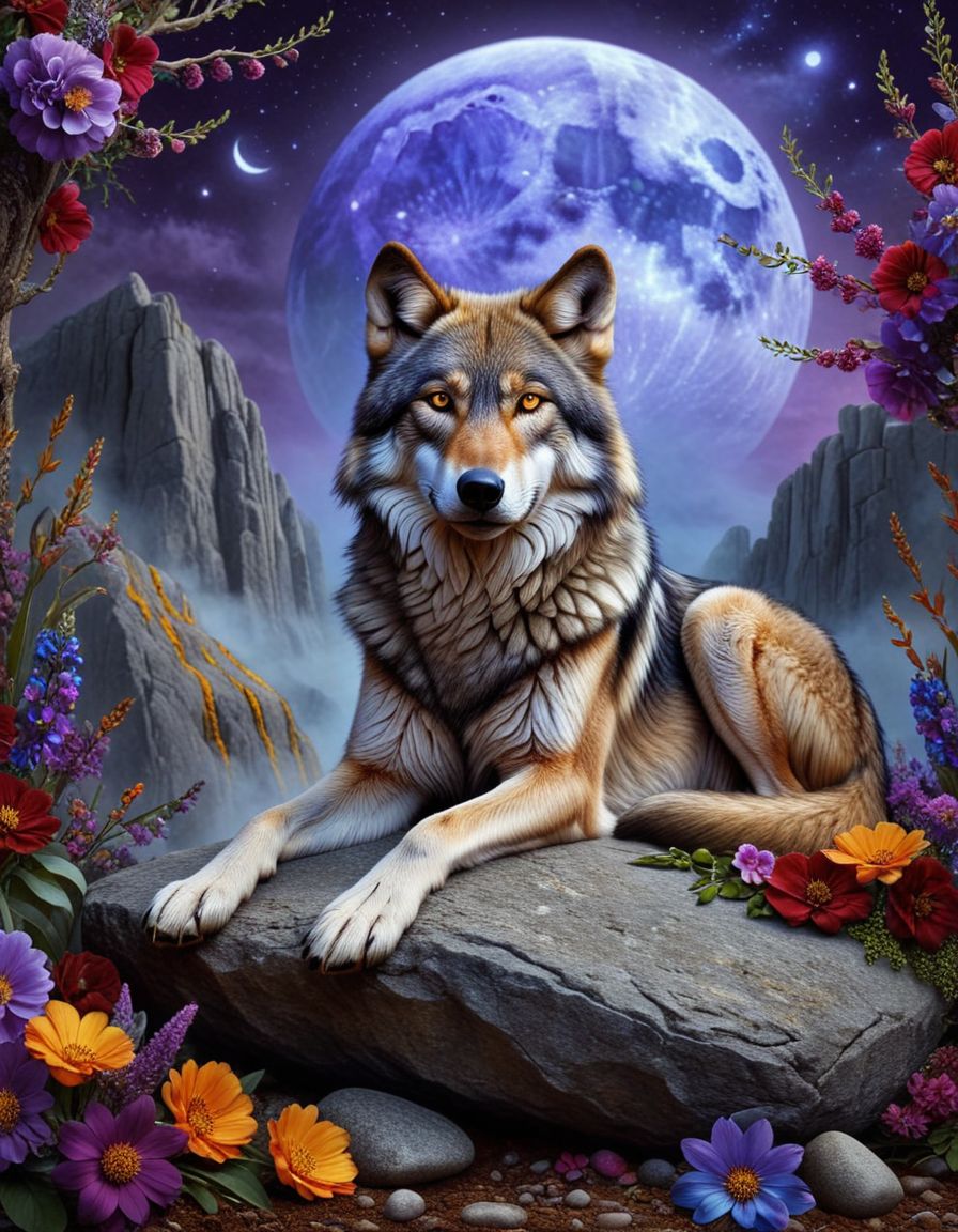 surrealist art hyperrealistic art concept art  A majestic wolf lying on a rock, surrounded by vibrant and colorful flowers. The background features a full moon, and there are golden accents throughout the scene. The flowers include red, purple, and blue blossoms, and the overall atmosphere is serene and slightly mystical. The wolf looks calm and regal, with a detailed and realistic fur texture.<lora:luxart:1>       . digital artwork, illustrative, painterly, matte painting, highly detailed . extremely high-resolution details, photographic, realism pushed to extreme, fine texture, incredibly lifelike . dreamlike, mysterious, provocative, symbolic, intricate, detailed