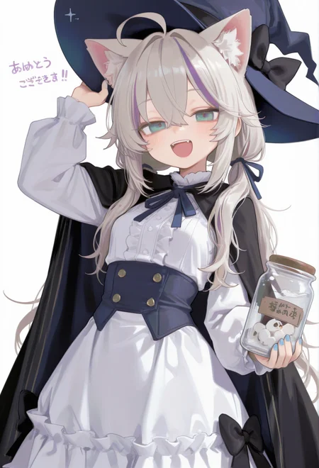 1girl, :d, animal ears, arm up, black bow, black cape, blue hat, blue ribbon, bow, bow skirt, cape, cat ears, center frills, cowboy shot, frills, hair between eyes, hat, hat bow, jar, long sleeves, looking at viewer, low twintails, neck ribbon, open mouth, ribbon, shirt, skirt, smile, solo, teeth, thank you, upper teeth only, vertical-striped cape, white shirt, white skirt, witch hat,(silver hair:1.2), long hair, low twintails, hair ribbon, messy hair,(purple streaked hair,purple streaks:1.5),ahoge,
((multicolored eyes, green eyes, aqua eyes,(aqua-green gradient eyes:1.2),), sharp eyes, fang, jitome, petite, small breasts,(light_blue_nails:1.2),,rong_hui, hara21, masterpiece,best quality,newest,highres,absurdres,incredibly absurdres,very awa,very aesthetic,extreme aesthetic