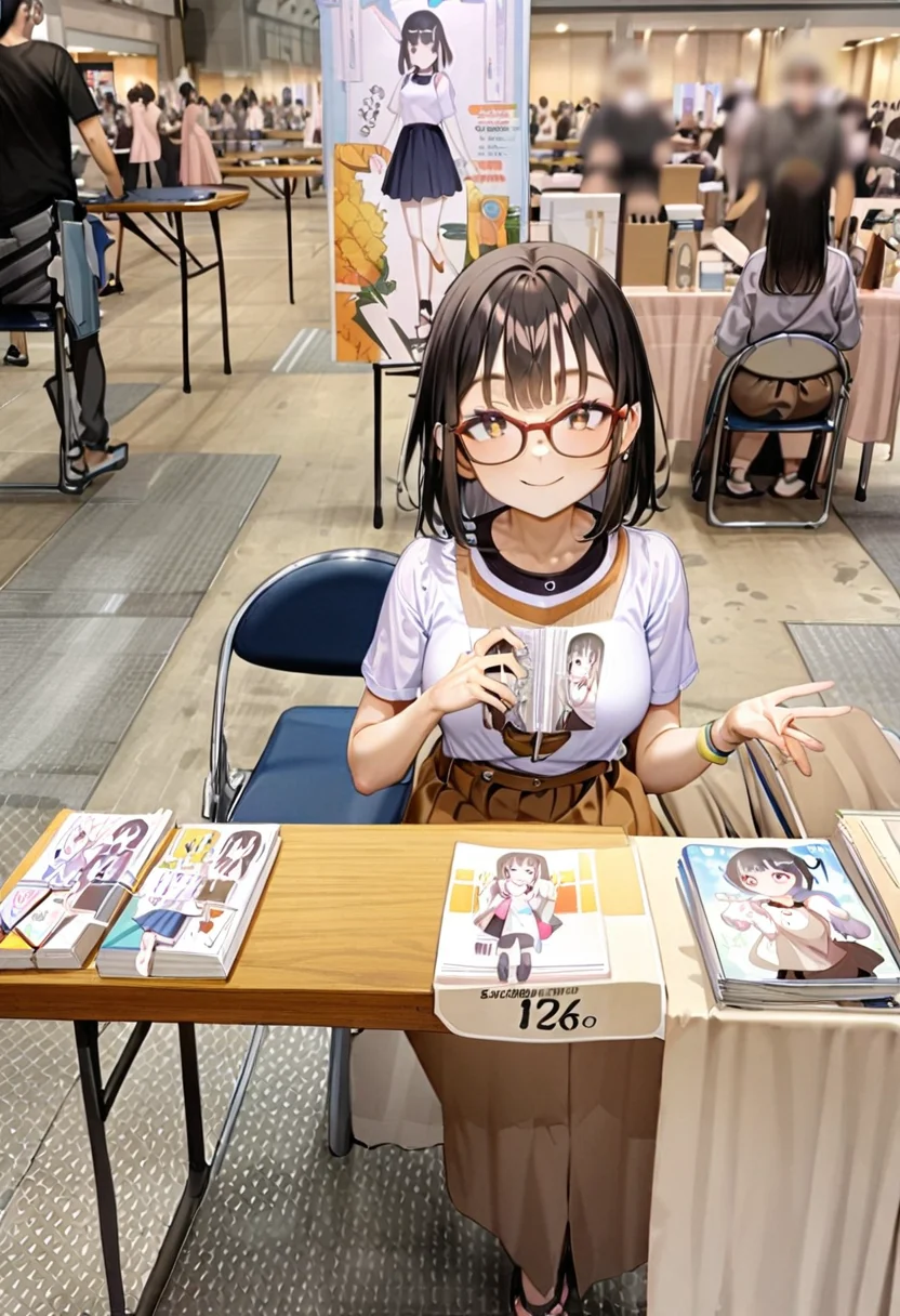 masterpiece, best quality, very aesthetic, absurdres,
1girl, solo, glasses, black hair, medium hair, looking at viewer, smile, short sleeves, shirts, skirt, sitting,
ccs, table, chair, book, poster (object), photo background, multiple boys, multiple girls, crowd,
<lora:comiket_circle_space_SDXL_V1:1>