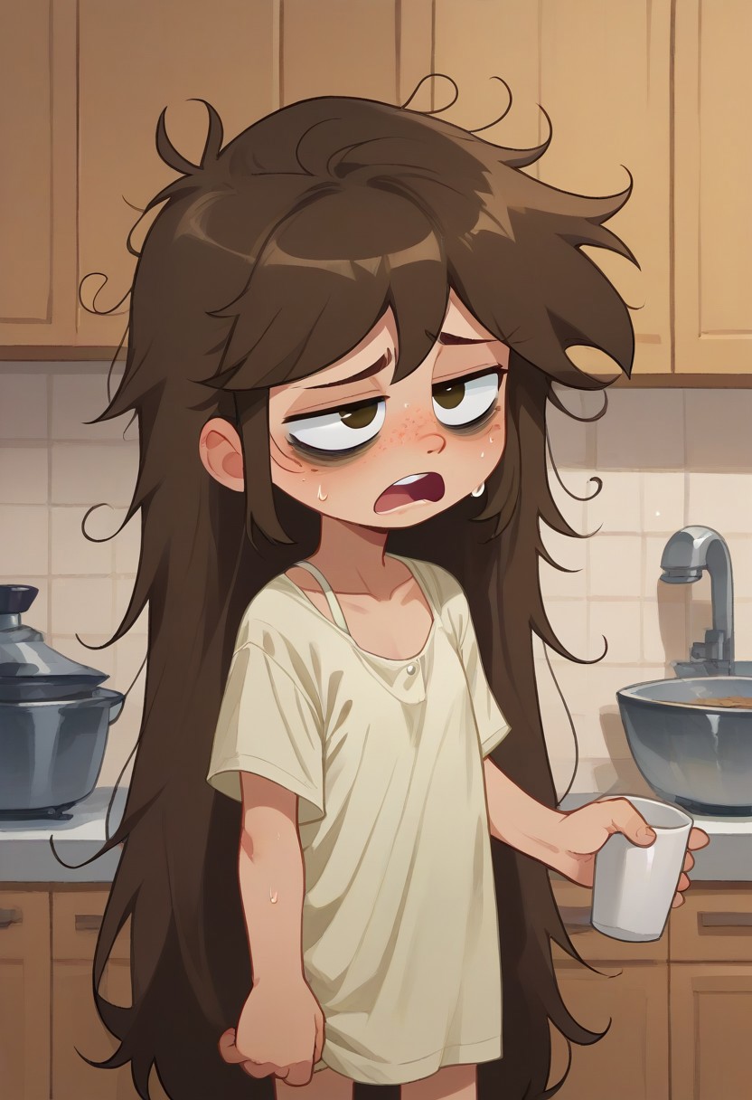 score_9, score_8, score_7, score_6, solo, indoors, sweat, freckles, 
libby, brown hair, brown eyes, very long hair, messy hair, little girl, child,  indoors, kitchen background, wear only nightgown, loose clothes, one hand holding cup of coffee, one hand on hip, perfect hands, bags under eyes, sleepy eyes, messy hair, loose clothes, eyes close, yawning, show accurate, perfect hands, perfect anatomy,