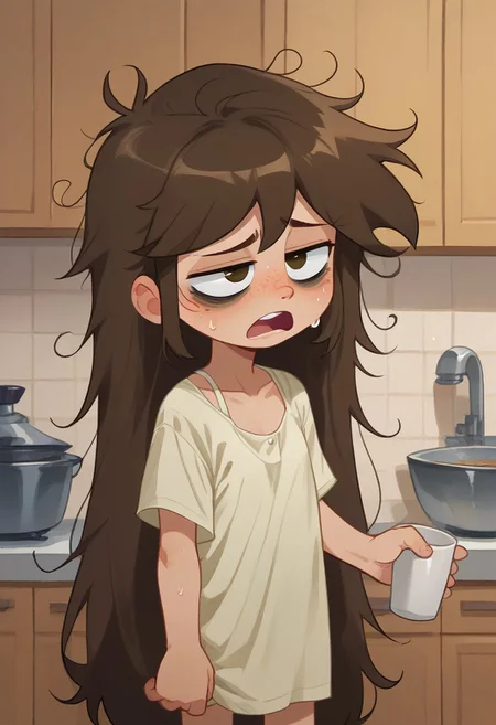 score_9, score_8, score_7, score_6, solo, indoors, sweat, freckles,
libby, brown hair, brown eyes, very long hair, messy hair, little girl, child, indoors, kitchen background, wear only nightgown, loose clothes, one hand holding cup of coffee, one hand on hip, perfect hands, bags under eyes, sleepy eyes, messy hair, loose clothes, eyes close, yawning, show accurate, perfect hands, perfect anatomy,