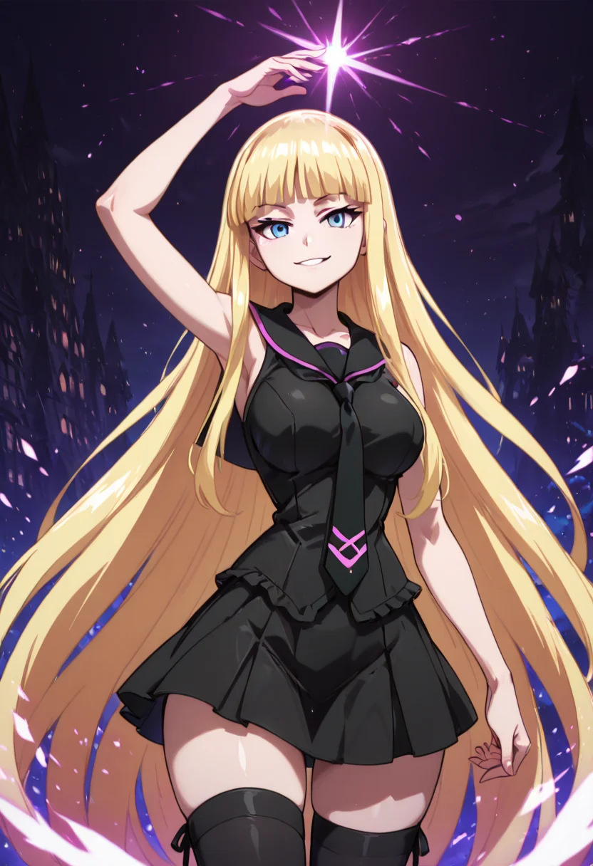 masterpiece, best quality, solo, curvy, beautiful eyes, aged up, large breasts, wide hips, narrow waist, 1girl, solo, smile, looking at viewer,  zzEva, blue eyes, blunt bangs, blonde hair, long hair, very long hair,   sleeveless shirt, sailor collar, necktie, black skirt, thighhighs, zettai ryouiki,  ,<lora:EvangelineNegmiaOVA_IXL:1.0>,   , smile, looking at viewer, cowboy shot, dynamic pose, abstract background,  <lora:VividIXL_v2:0.7>,