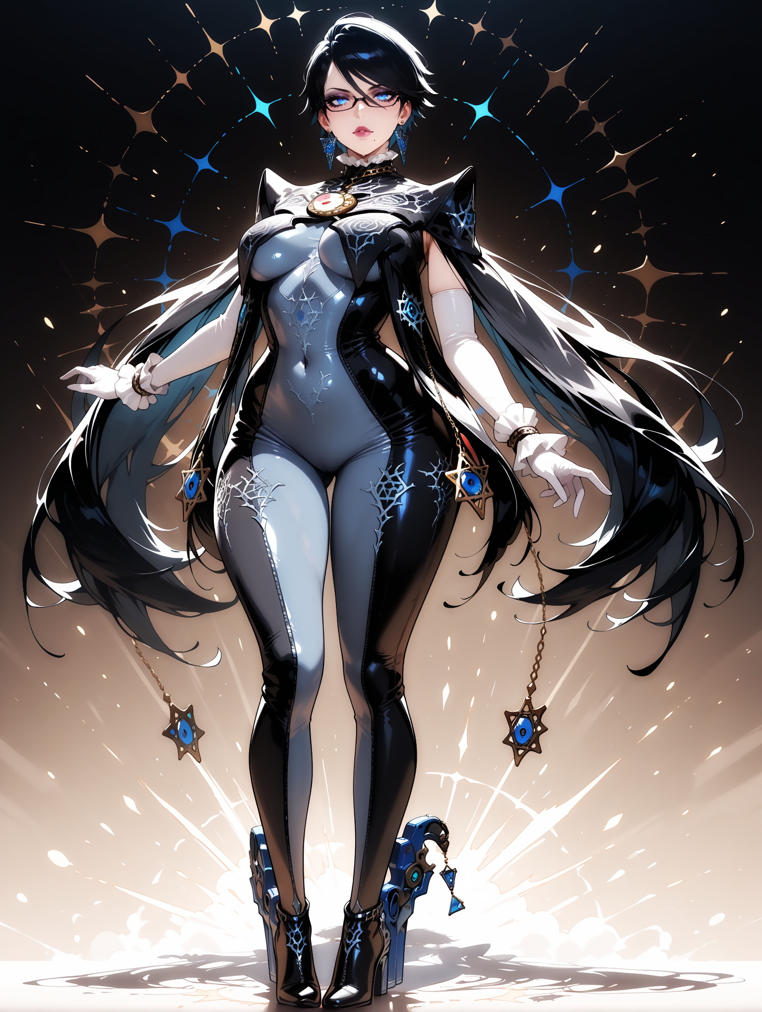 masterpiece, best quality, amazing quality, very aesthetic, detailed eyes, perfect eyes, amazing quality, solo, imtdbayo2, 1girl, full body, bodysuit, clothing cutout, black hair, jewelry, mole under mouth, glasses, earrings, short hair, makeup, lipstick, high heels, elbow gloves, blue eyes, medium breast, wide hips, fit body, black-framed eyewear, eyeshadow, skin tight
