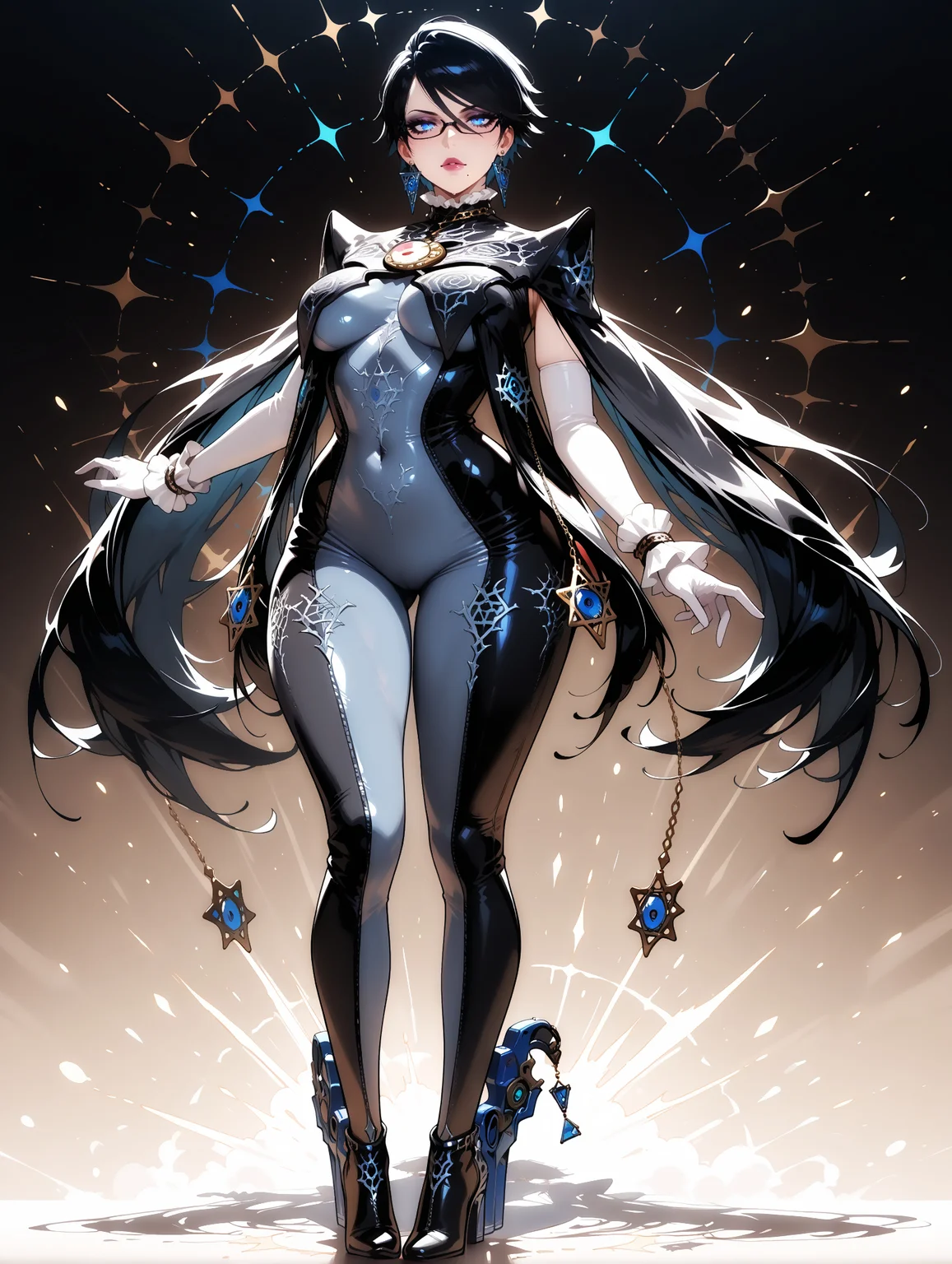 masterpiece, best quality, amazing quality, very aesthetic, detailed eyes, perfect eyes, amazing quality, solo, imtdbayo2, 1girl, full body, bodysuit, clothing cutout, black hair, jewelry, mole under mouth, glasses, earrings, short hair, makeup, lipstick, high heels, elbow gloves, blue eyes, medium breast, wide hips, fit body, black-framed eyewear, eyeshadow, skin tight
