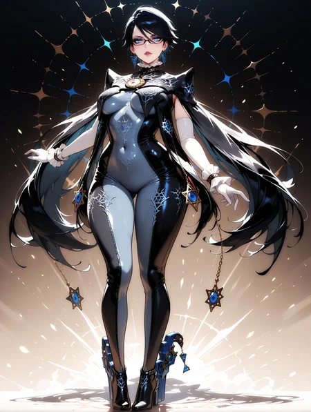 masterpiece, best quality, amazing quality, very aesthetic, detailed eyes, perfect eyes, amazing quality, solo, imtdbayo2, 1girl, full body, bodysuit, clothing cutout, black hair, jewelry, mole under mouth, glasses, earrings, short hair, makeup, lipstick, high heels, elbow gloves, blue eyes, medium breast, wide hips, fit body, black-framed eyewear, eyeshadow, skin tight
