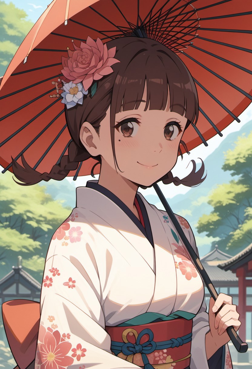 score_9, score_8_up, score_7_up, source_anime, natori sayaka, brown eyes, brown hair, twin braids, 1girl, umbrella, flower, japanese clothes, solo, kimono, hair ornament, hair flower, braid, mole under eye, mole, smile