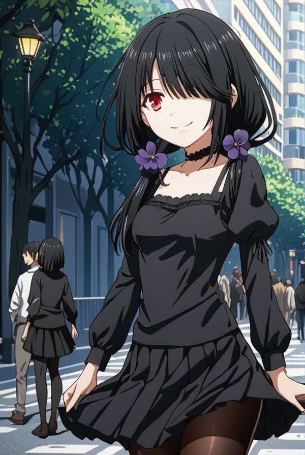 masterpiece, best quality, highres, 4k, 8k, intricate detail, cinematic lighting, amazing quality, amazing shading, soft lighting, Detailed Illustration, anime style,
kurumitokisaki, <lora:kurumi-tokisaki-s1s2-sdxl-lora-nochekaiser:0.75>,
kurumi tokisaki casual, long hair, black hair, red eyes, long sleeves, dress, pantyhose, hair over one eye, black dress, black pantyhose, puffy sleeves, choker, collarbone, skirt, black skirt, flowers, hair flowers, purple flowers, twintails, low twintails, smile,
outdoors, buildings, crowd, people, street, streetlight, trees,
looking at viewer, cowboy shot,