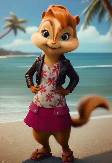 score_9, score_8_up, score_7, score_6, detailed background, beach, palm trees, ocean, brittany miller, chipmunk, furry, short ears, white floral shirt, black leather jacket, floral mini skirt, sandals, standing, hands on hips, looking at viewer, front view, cute smile, 6 inches tall